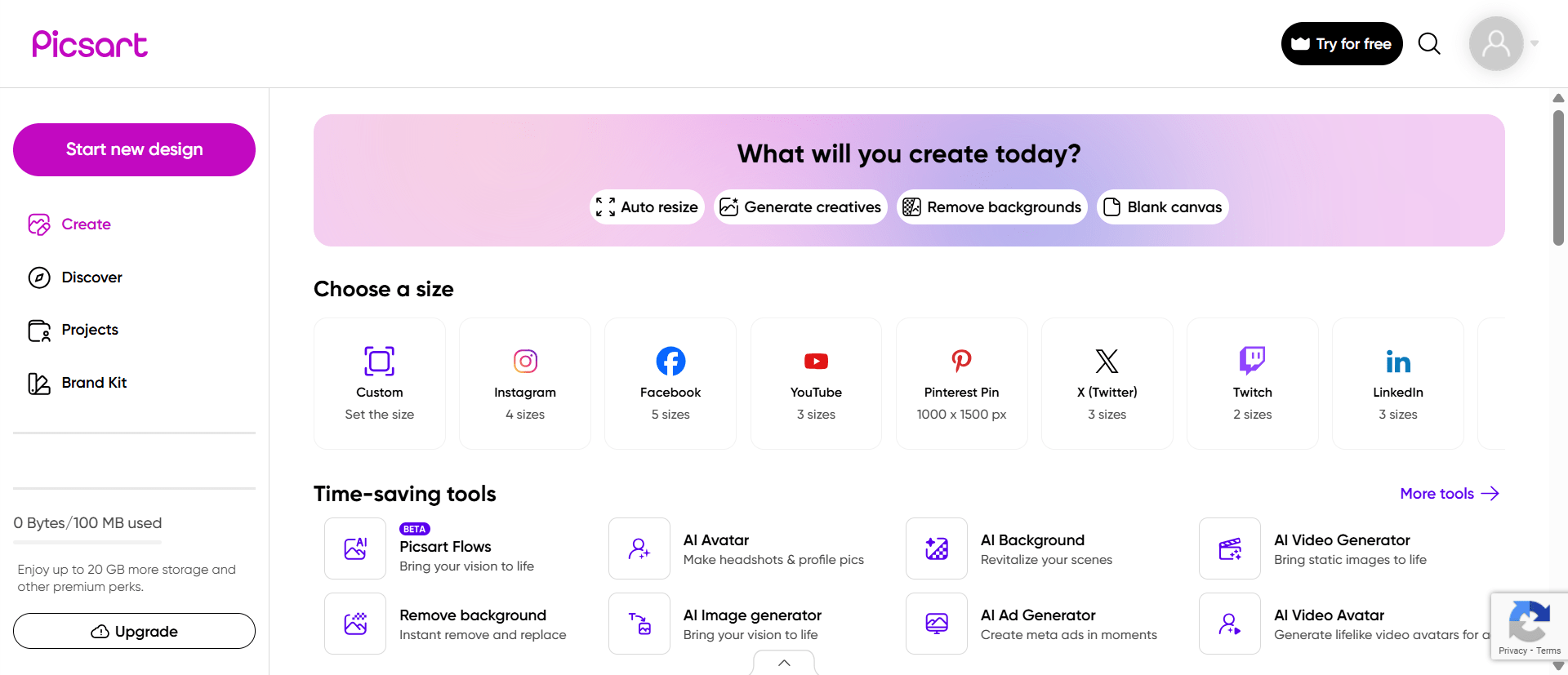Picsart AI Dashboard with all the AI features
